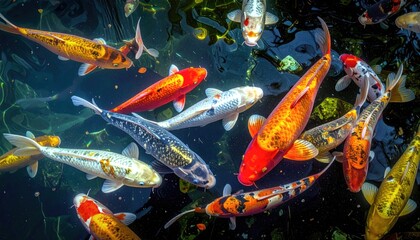 Vibrant Koi Fish Swimming in a Sunlit Pond, Close-Up Underwater View, Rich Orange, White, Black, and Gold Colors, Serene Aquatic Scene