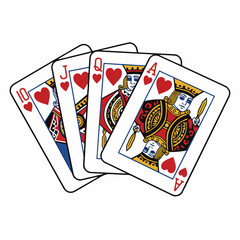 A fan of four playing cards, including a 10, Jack, Queen, and Ace of Hearts.
