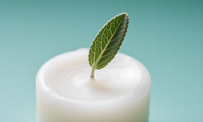 Minimalist white candle with fresh sage leaf on light teal background.