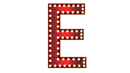 A glowing, red vintage marquee letter E shines brightly on a stark black background.