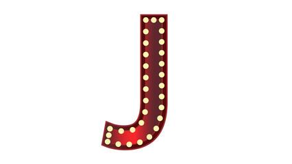 Glowing red marquee letter J shines brightly against a stark black background space.