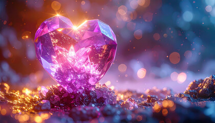 ハート型の幸せな水晶が神秘的に輝く夜　恋愛運	