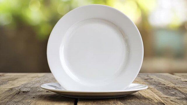 A pristine white ceramic plate rests atop another matching plate, elegantly presented on a textured, rustic wooden table. The backdrop features a soft, dreamlike bokeh of vibrant green and warm natura