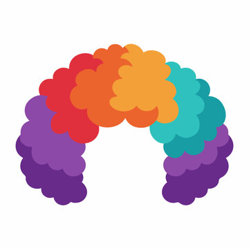 A colorful, fluffy clown wig with multiple sections of vibrant red, orange, yellow, green, blue, and purple hair.