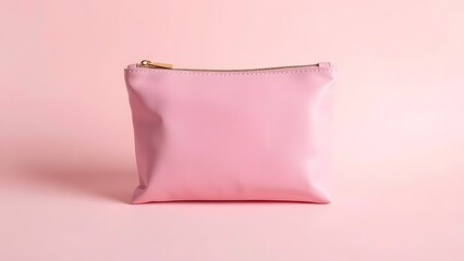 Fototapeta premium A pink cosmetic pouch with a gold zipper on a clean pastel background.
