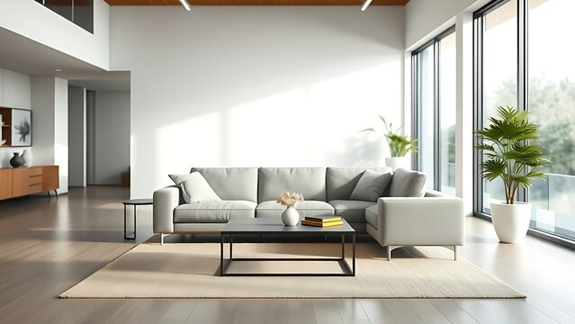 Minimalist living room with sofa and coffee table, soft natural light from large window.