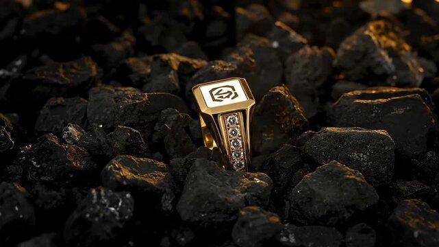 Gold ring with diamonds atop coal chunks
