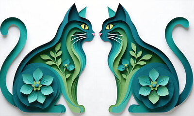 Two layered paper craft cats facing each other on white background.