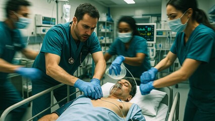 Doctors and nurses working quickly to save a patient's life, performing cpr and using a manual resuscitator in a busy hospital emergency room
