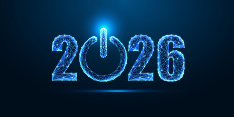2026 New Year with glowing blue power button in low poly digital wireframe vector illustration