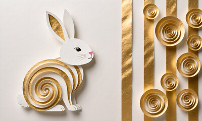 Elegant Easter: Paper Cutout Bunny with Golden Accents on White Background