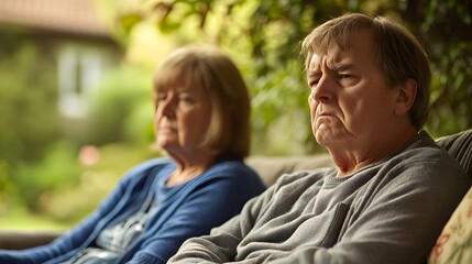Naklejka premium Elderly couple deep in thought, sitting together in contemplation outdoors