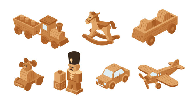 Isometric wooden toys collection: train, horse, car, plane, bear, soldier