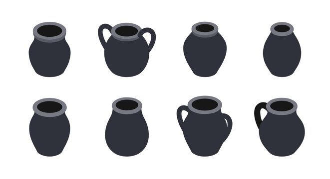 Isometric clay pitchers set on white background for design projects