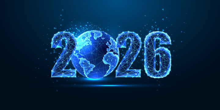 Futuristic 2026 New Year vector with glowing Earth globe and digital tech network lines