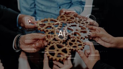 Diverse hands unite in collaboration, holding gears that symbolize teamwork and artificial intelligence, embodying innovation and the spirit of technology. Raster - Powered by Adobe