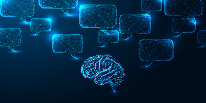 Artificial intelligence communication with glowing brain and network of speech bubbles