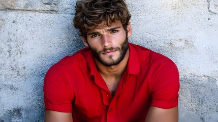 Handsome Man Red Shirt Studio Portrait Serious Expression