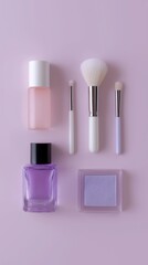 Flat lay of beauty products and makeup brushes in shades of lilac and pink on a simple purple background.
