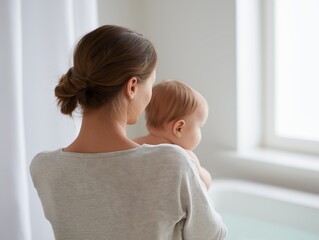 Tender portrait of a mother holding her baby near a window, bathed in soft, natural light, with a bathtub visible.
