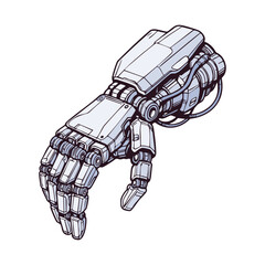Futuristic robotic hand in cyberpunk style. Detailed mechanical structure with wires and joints. Clean line art vector illustration isolated on white background