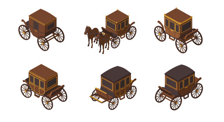 Isometric vintage carriage collection: horse-drawn wagons and old-fashioned carts