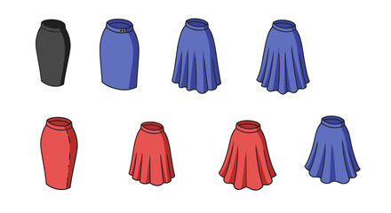 Variety of women’s skirt styles in isometric fashion design