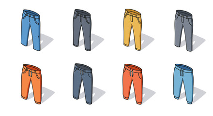 Colorful isometric pants collection with shadows on white background