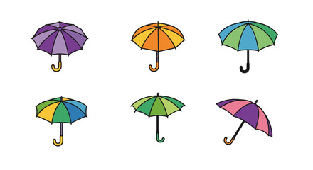 Colorful umbrellas set with various patterns and designs for weather protection