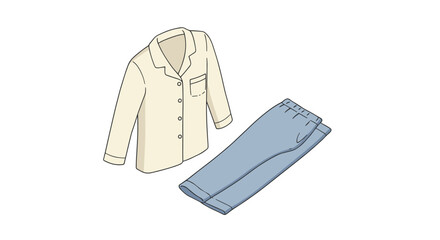 Cozy pajama set with blue pants and cream shirt in isometric style