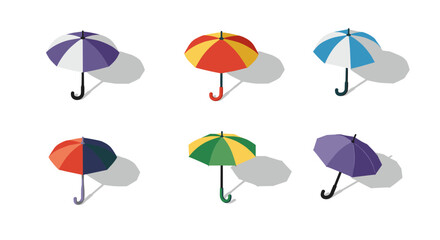 Colorful umbrellas in isometric style with shadows on white background