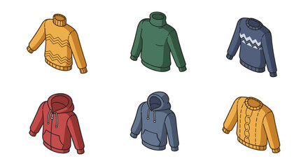 Isometric sweaters and hoodies set in various colors and designs