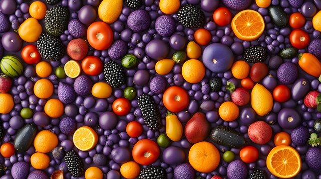 Creative arrangement colorful fruits and vegetables with purple berries background. - Powered by Adobe