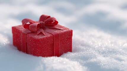Winter greeting card image of a Christmas gift with a glittering bow, set against a blurred background.
