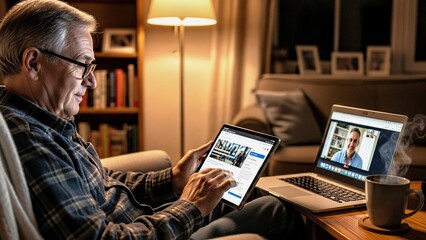 Retired man attending an online meeting using a tablet and a laptop while sitting comfortably in his armchair at home, enjoying a hot beverage