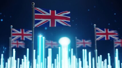 Union Jack Flags over Abstract Blue Data Visualization Network, United Kingdom - Powered by Adobe
