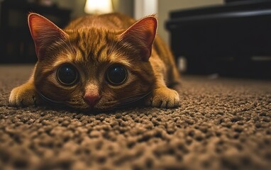 Adorable Ginger Cat Lying on Carpet Close Up