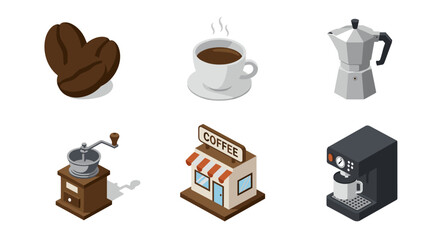 Isometric coffee icons featuring espresso machine and moka pot for cafes