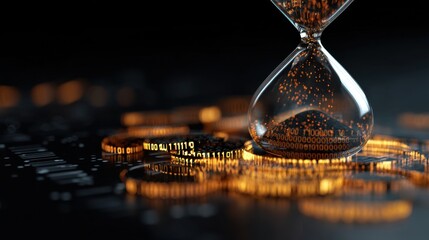 Abstract hourglass with glowing binary code particles representing time and digital transformation in dark background for technology concepts