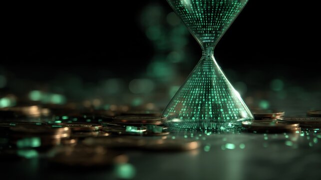 Digital hourglass made of binary code and shining coins, symbolizing time, value, investment, and technology in a modern financial concept