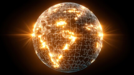 Abstract glowing globe composed of puzzle pieces, showcasing a network of connections and digital patterns, symbolizing global unity and innovation