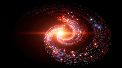 Abstract digital swirl of glowing stars and binary code depicting cosmic energy with vibrant light effects and intricate patterns in dark space background