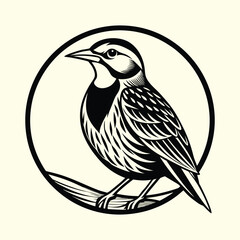 Naklejka premium Meadowlark bird sitting on a branch in a circle, vector logo icon in a classic woodcut style.