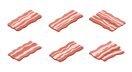 Obraz premium Six strips of bacon in various arrangements on white background