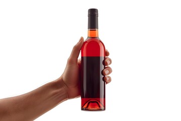 close up Male hand holding bottle of wine, on white background