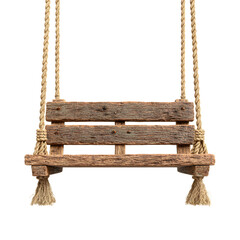 Rustic wooden swing bench suspended by thick natural ropes evoking nostalgia and outdoor leisure