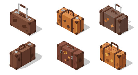 Fototapeta premium Isometric suitcase set: collection of retro travel bags in brown tones