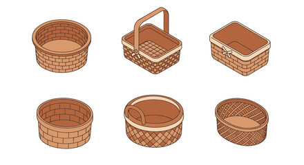 Set of isometric handwoven baskets with detailed patterns
