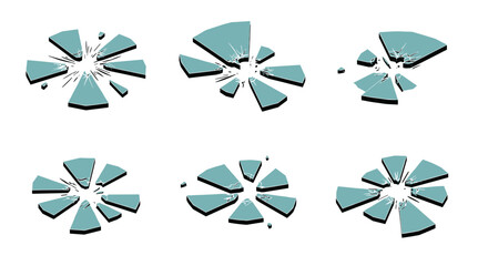 Obraz premium Collection of shattered blue glass explosions on white background
