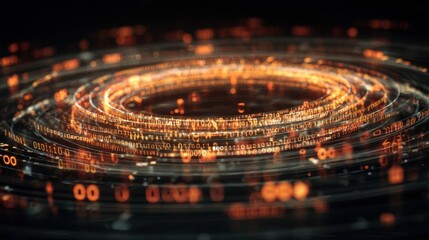 Dynamic Swirling Digital Data Stream Visualization with Binary Code Elements Creating a Futuristic Abstract Background